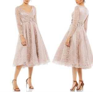 Mac Duggal Lace V- Neck Long Sleeve Tea Length Dress Nude/ pink 112181 SZ 2 NWT